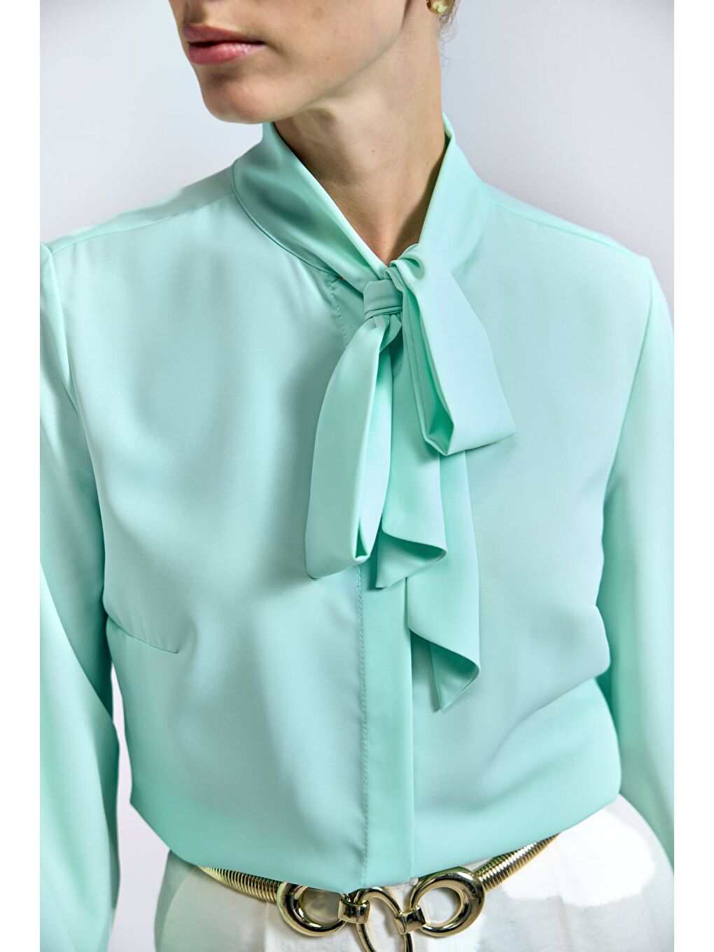 Yeşil Yakası Bağlamalı Düz Gömlek - Mint-5