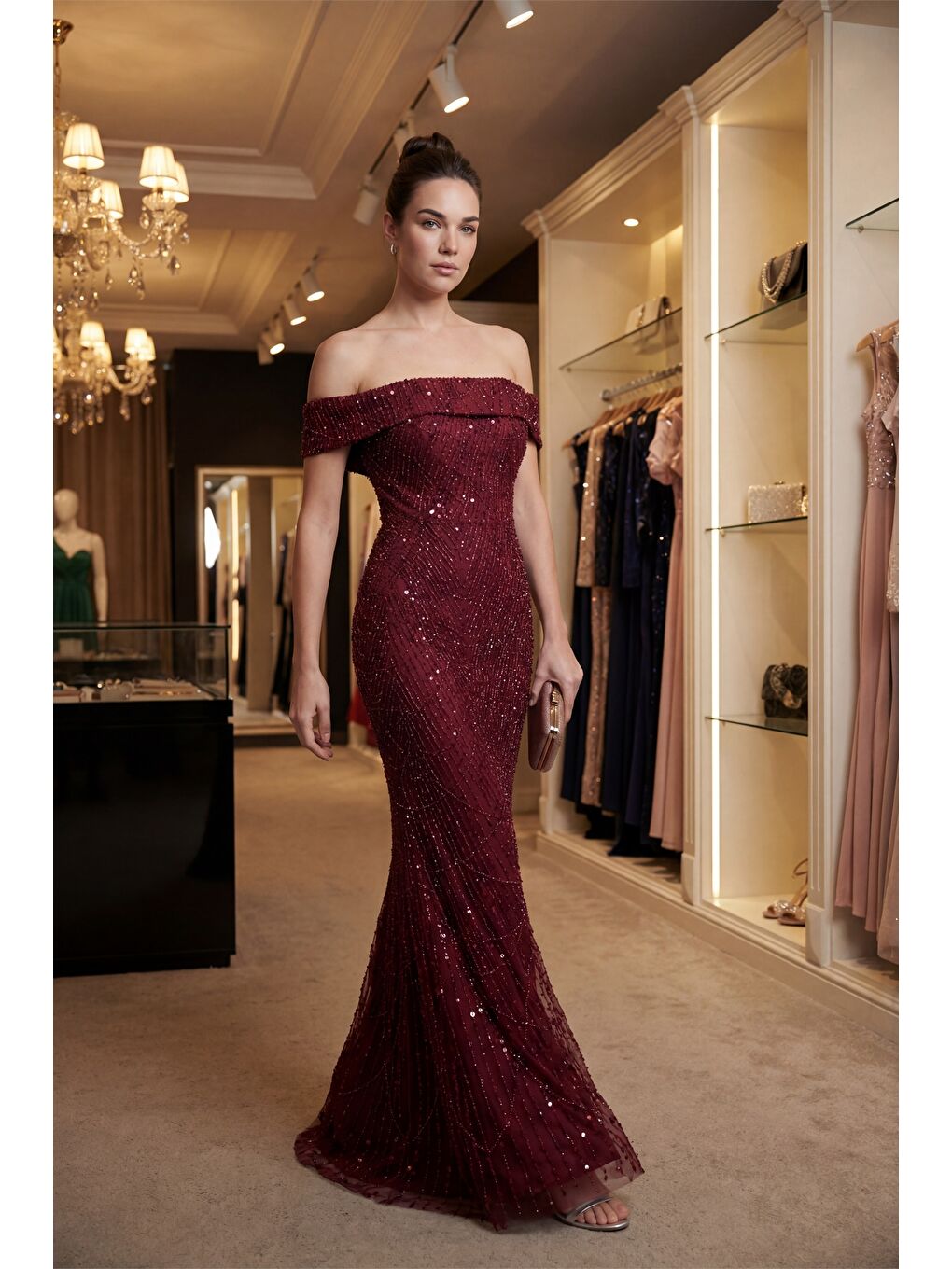 Kadın Bordo Kayık Yaka Boncuklu Uzun Abiye Elbise-4