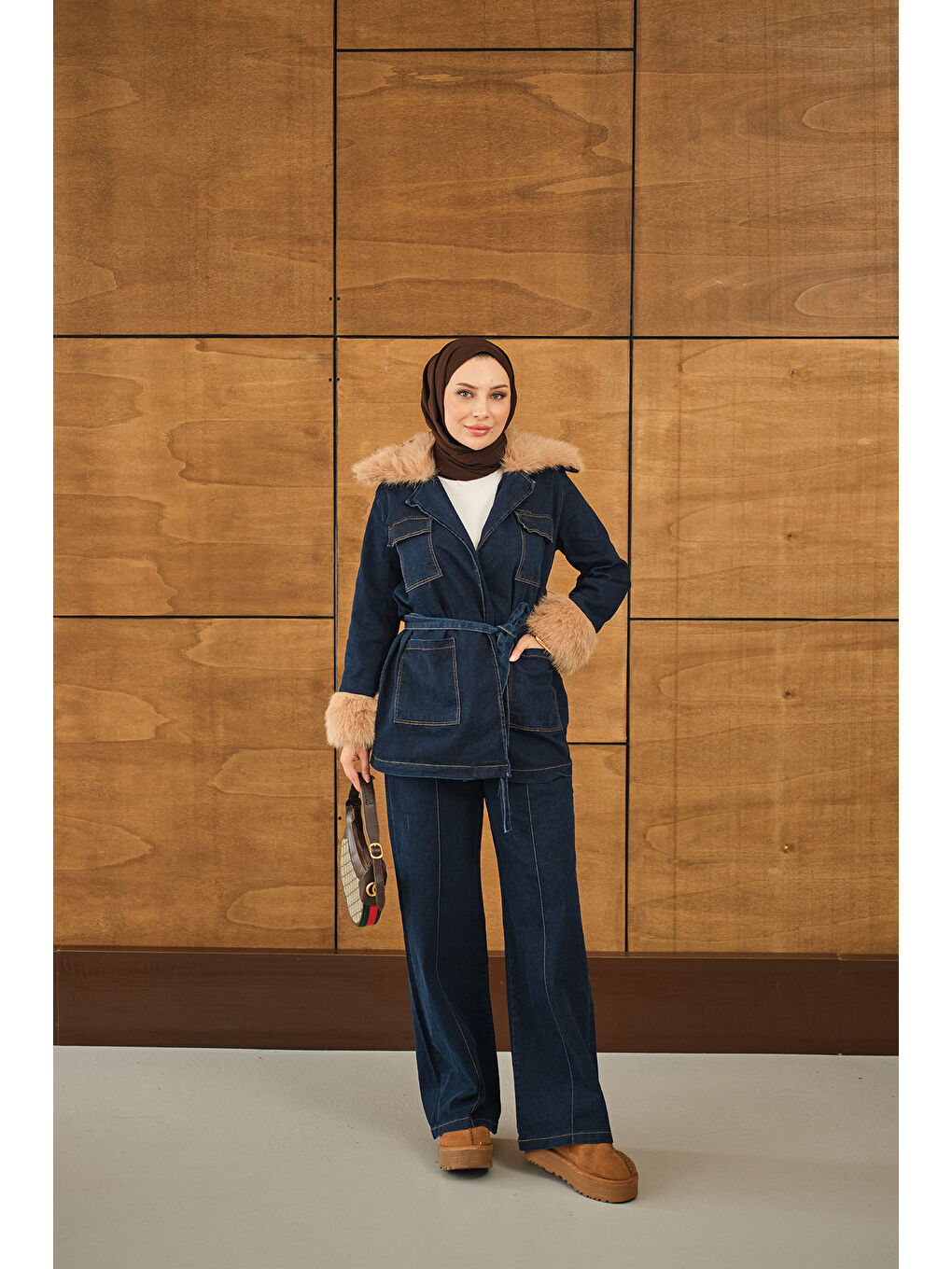 Kadın Kürk Detay Jean Takım Lacivert-3