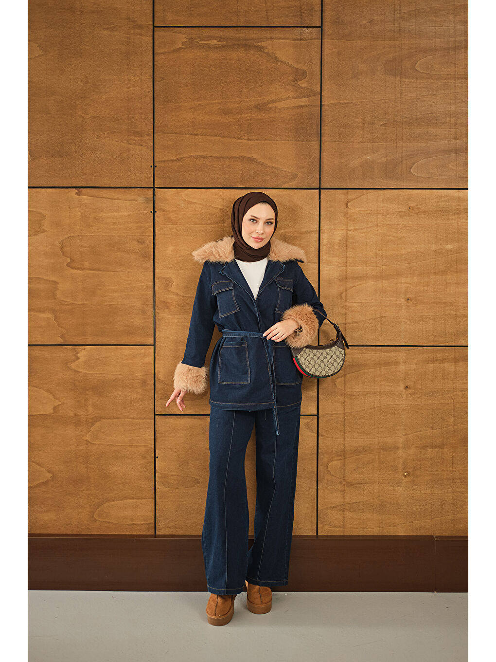 Kadın Kürk Detay Jean Takım Lacivert-4