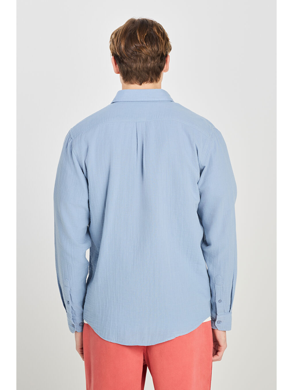 Yeşil %100 Pamuk Relaxed Fit Geniş Kesim Mavi Müslin Gömlek-4