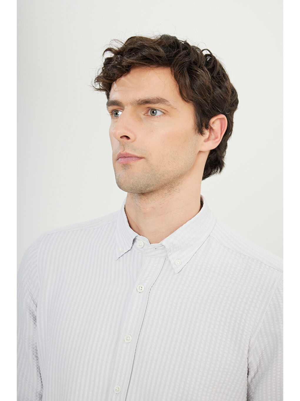 Bej Erkek Taş Slim Fit Dar Kesim Düğmeli Yaka Armürlü Gofre Desenli Gömlek-3