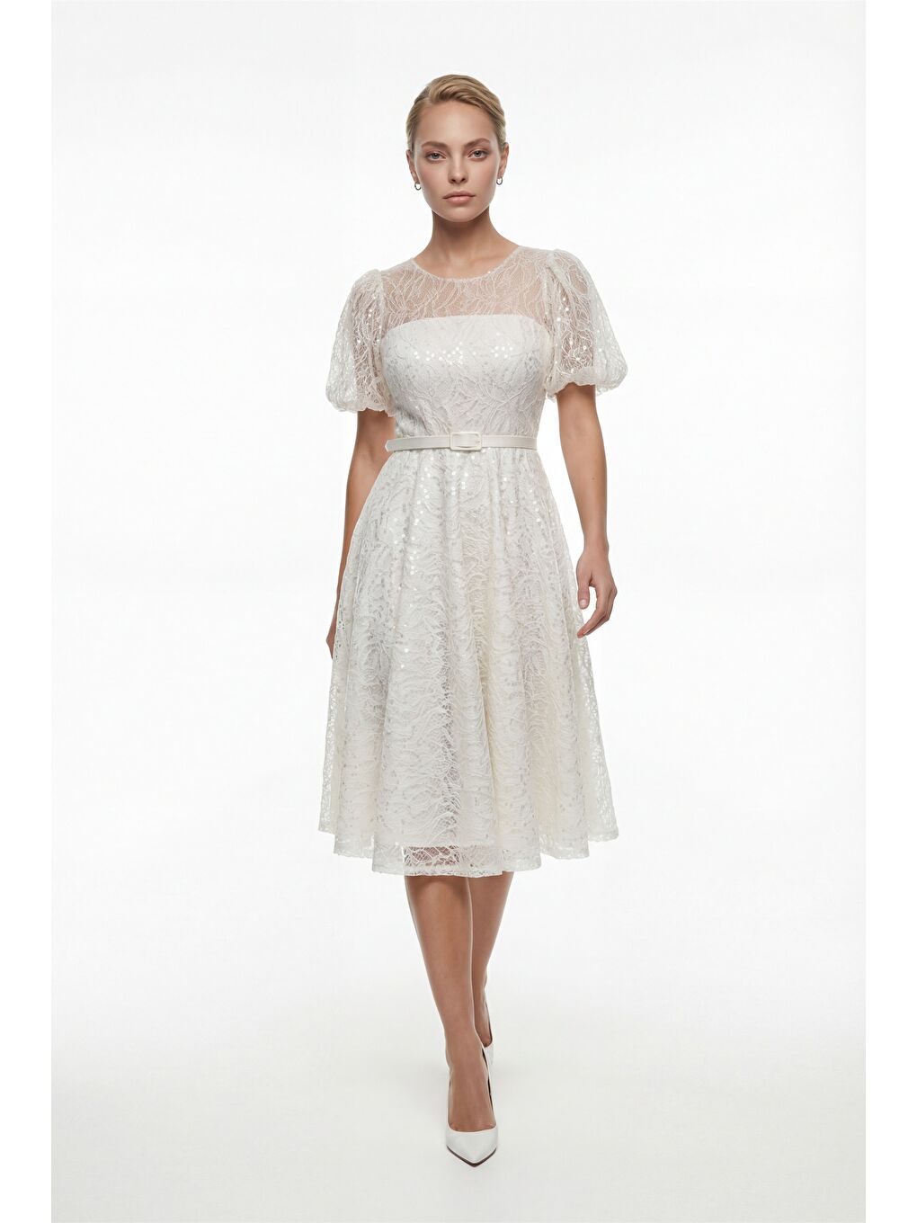 Kadın Beyaz Balon Kol Kemerli Söz Nişan Nikah Abiye Elbise