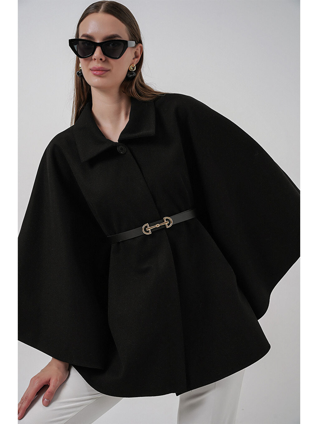 Kadın Kemerli Kaşe Panço 9170 - Siyah