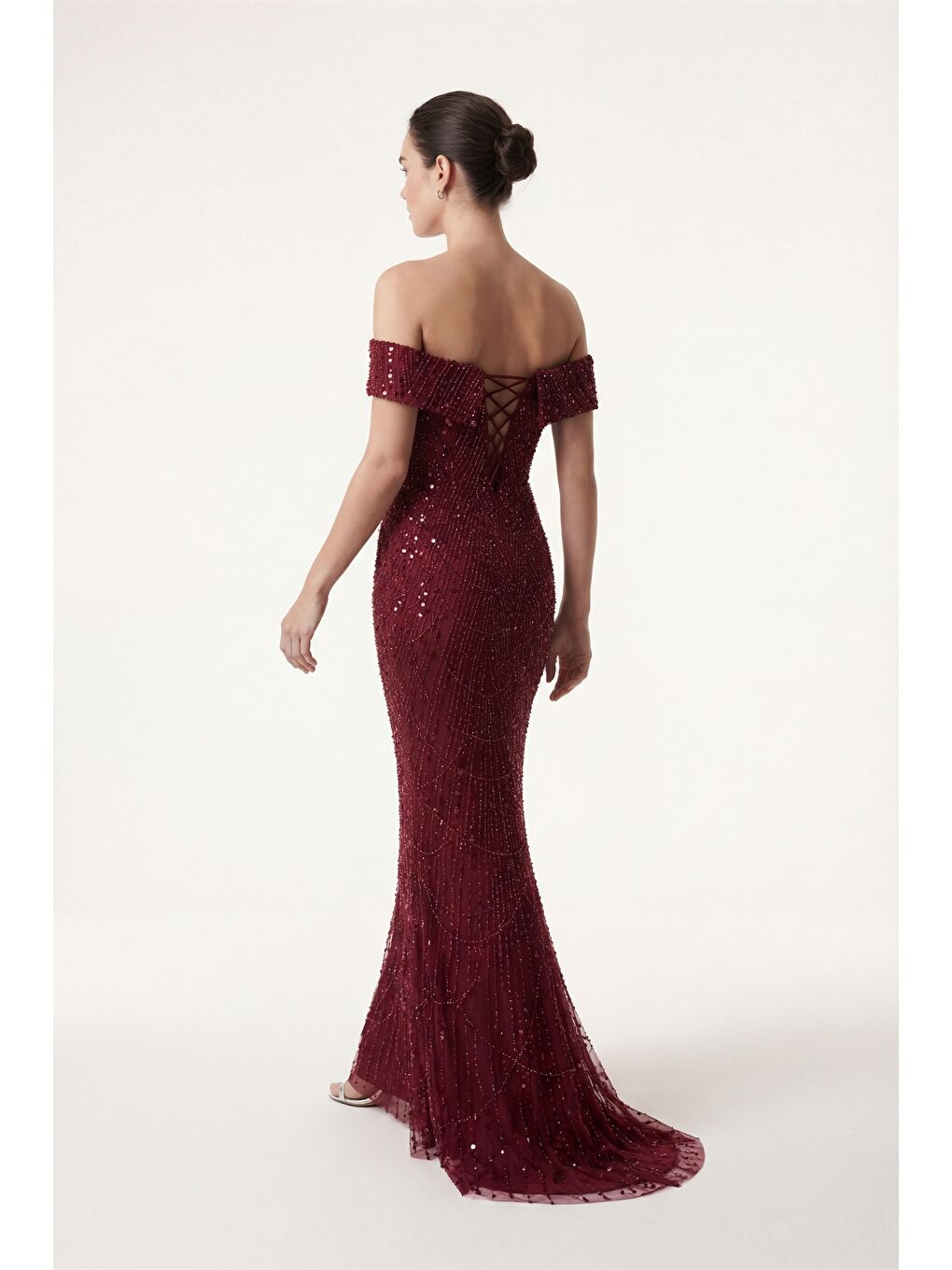 Kadın Bordo Kayık Yaka Boncuklu Uzun Abiye Elbise-5
