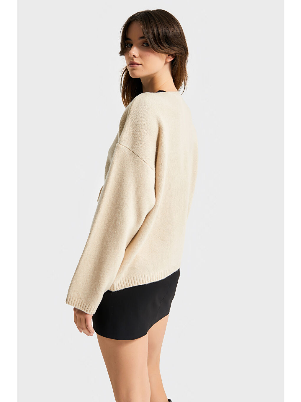 Kadın Bej Renk w5-101 Önü Bağcıklı Oversize Triko Kazak-4