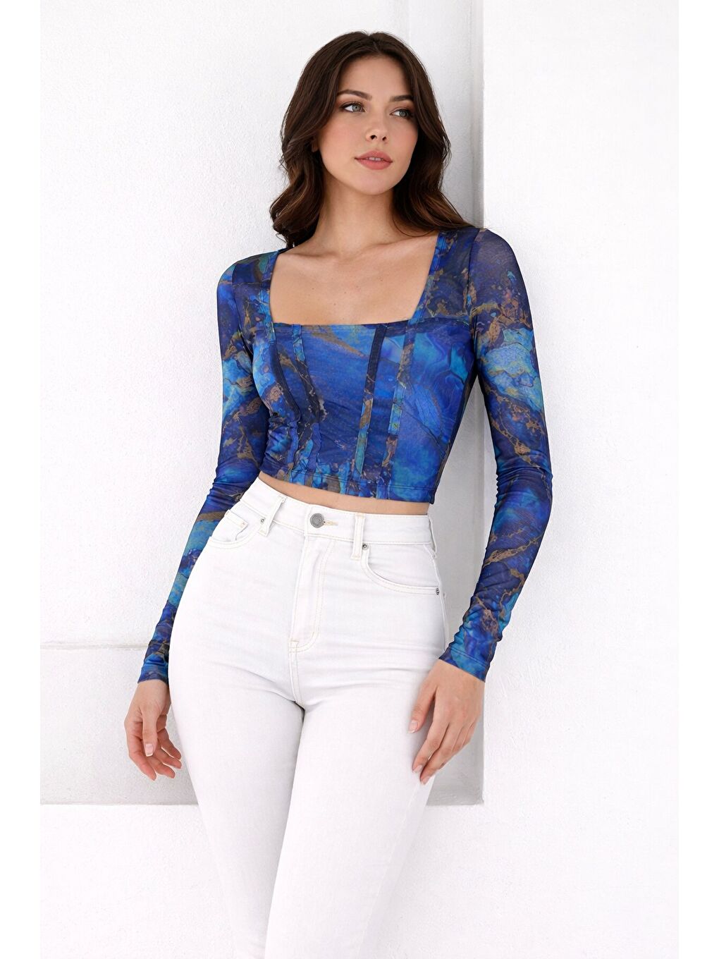 Mavi Kadın Paisley Desenli Kare Yaka Bluz