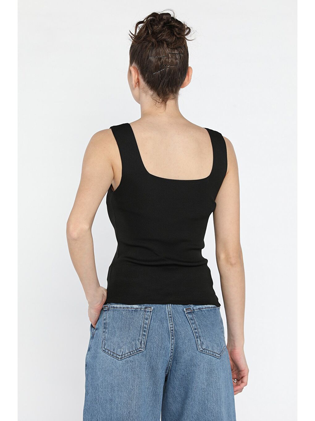 Siyah Kadın Kare Yaka Kalın Askılı Elastanlı Triko Bluz-2