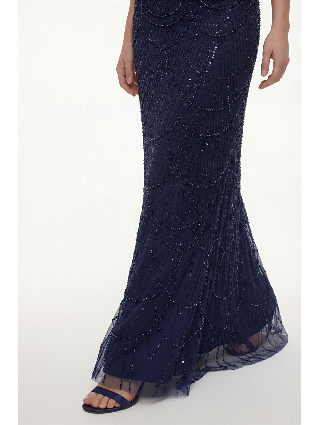 Kadın Lacivert Kayık Yaka Boncuklu Uzun Abiye Elbise-4