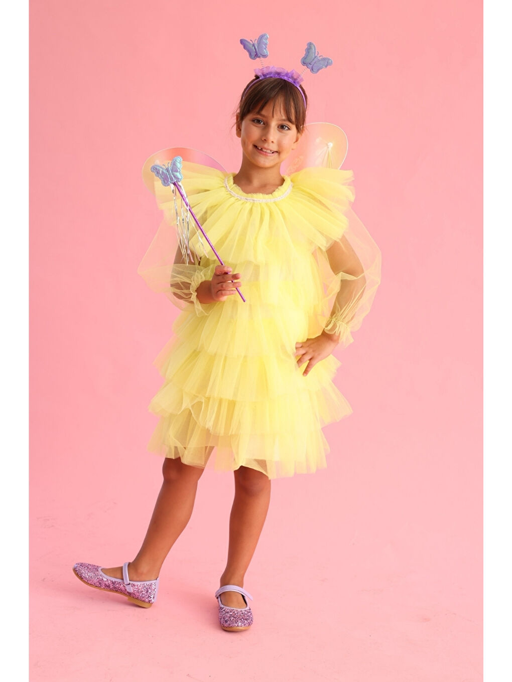 Sarı Kat Kat Kız Çocuk Tül Elbise - Laura