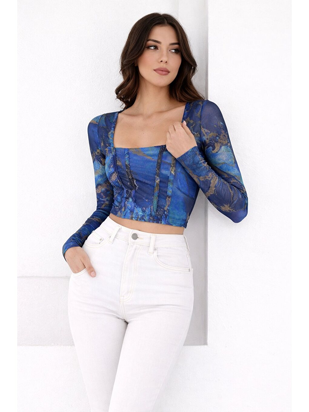 Mavi Kadın Paisley Desenli Kare Yaka Bluz-3