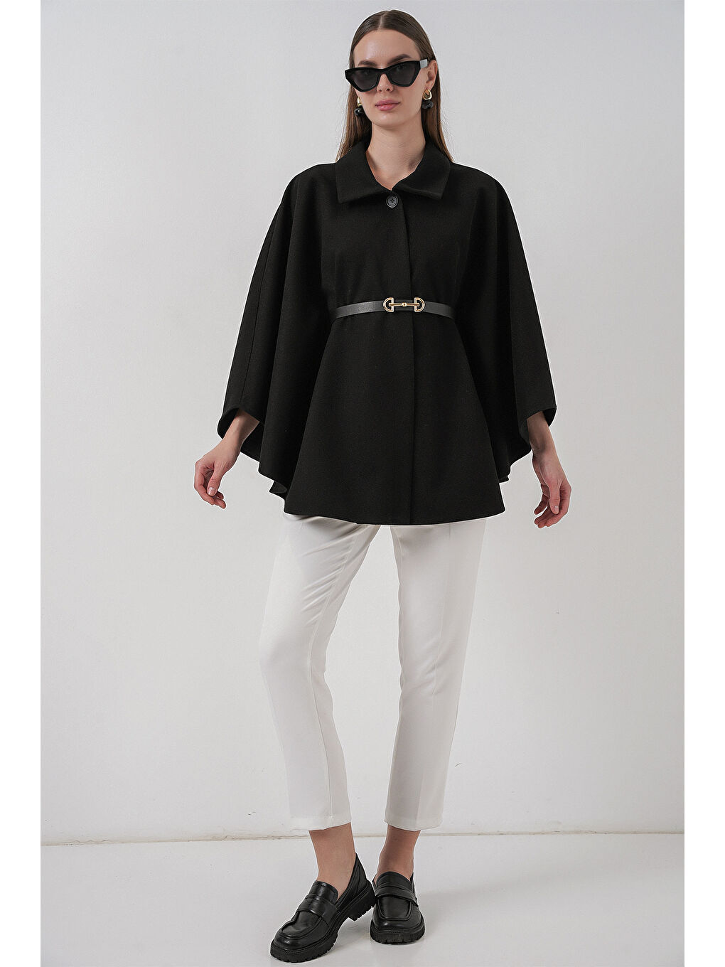 Kadın Kemerli Kaşe Panço 9170 - Siyah-1