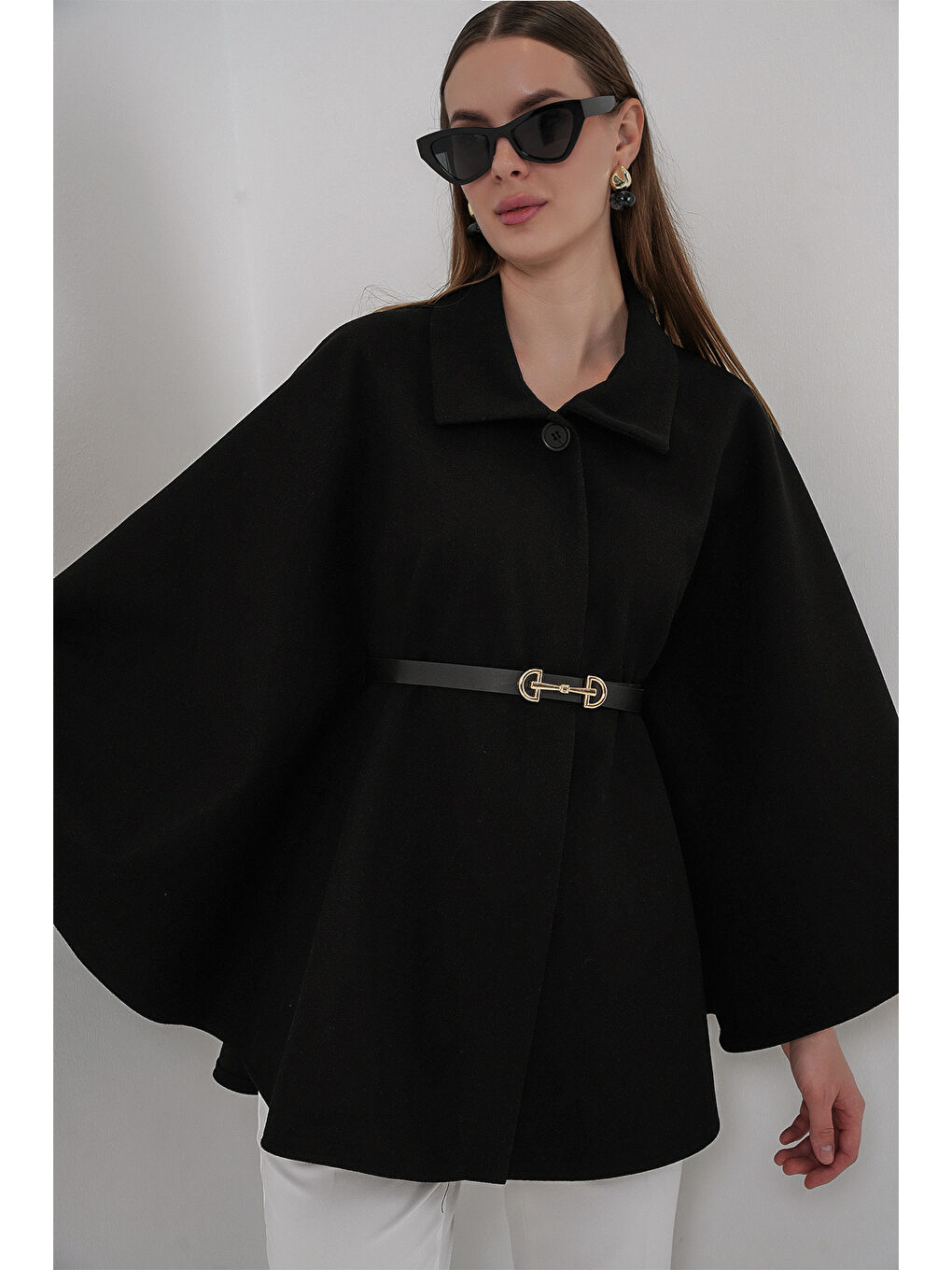 Kadın Kemerli Kaşe Panço 9170 - Siyah-2