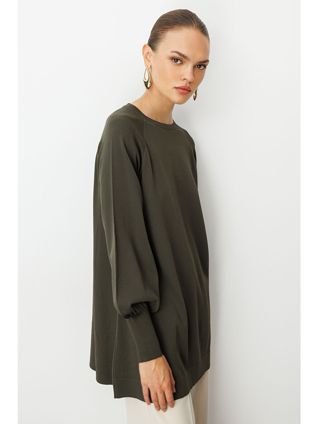 Balon Kollu Rayon Haki Tunik-1