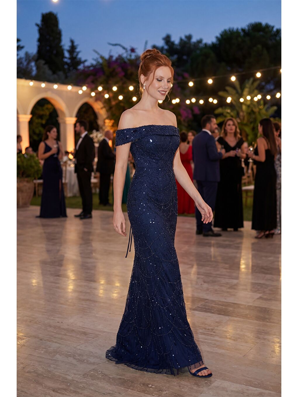 Kadın Lacivert Kayık Yaka Boncuklu Uzun Abiye Elbise-5