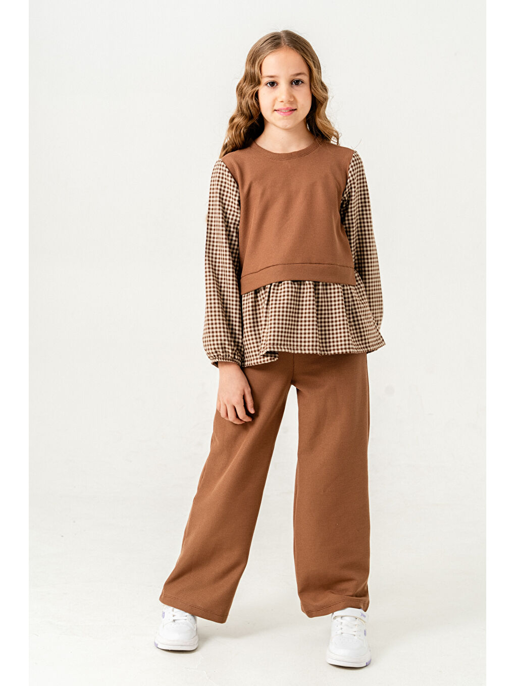 Kahverengi Kız Çocuk Ekose Casual Takım 5-9 Yaş Kahve 3750-2