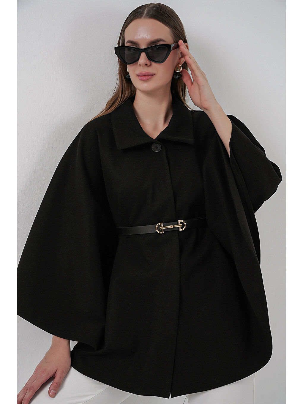 Kadın Kemerli Kaşe Panço 9170 - Siyah-3