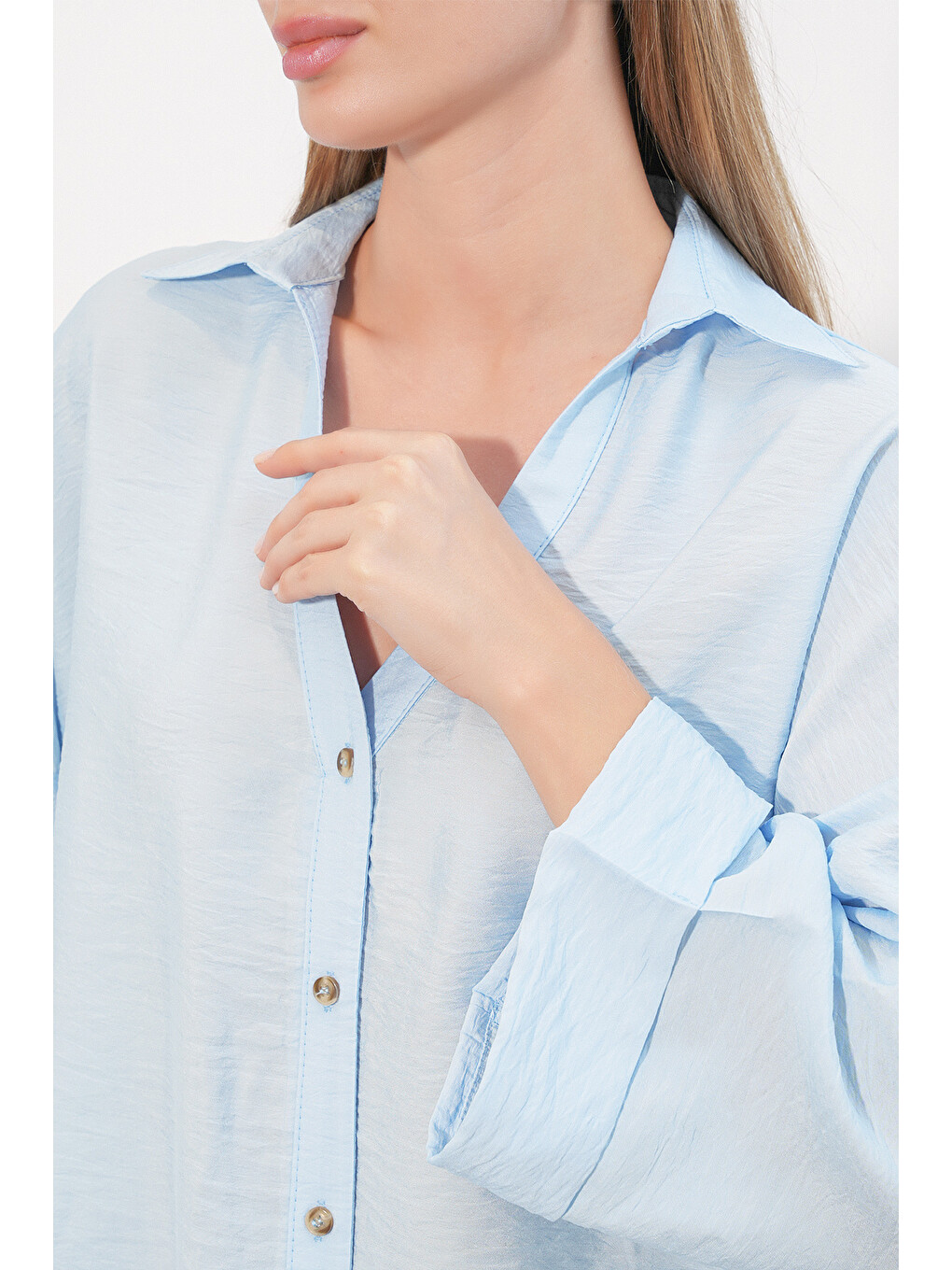 Kadın Geniş Kol Oversize Gömlek 20401 - Mavi-4