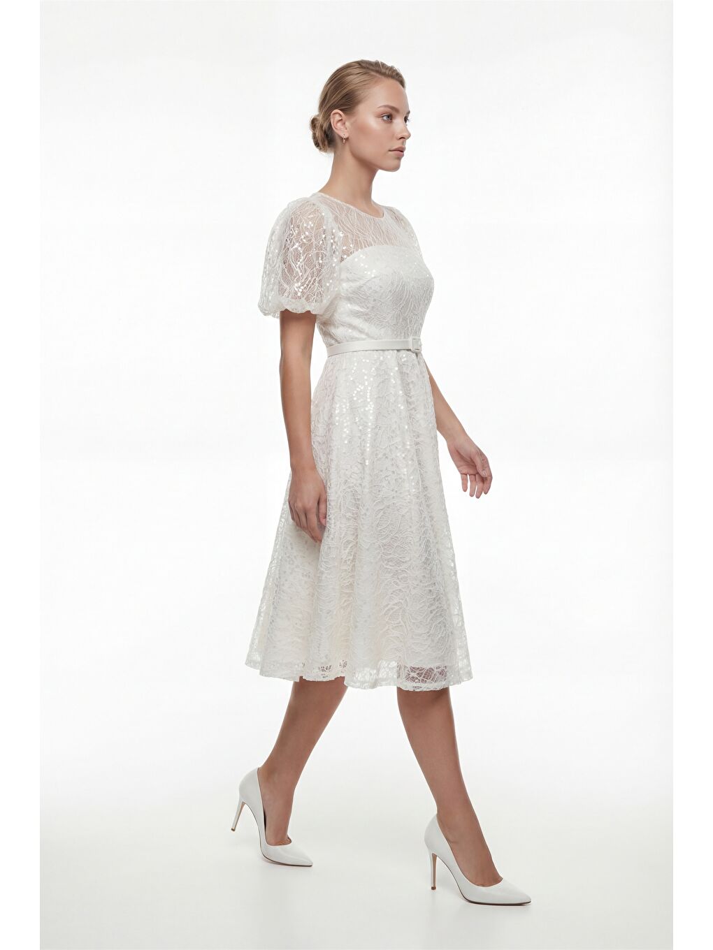 Kadın Beyaz Balon Kol Kemerli Söz Nişan Nikah Abiye Elbise-1