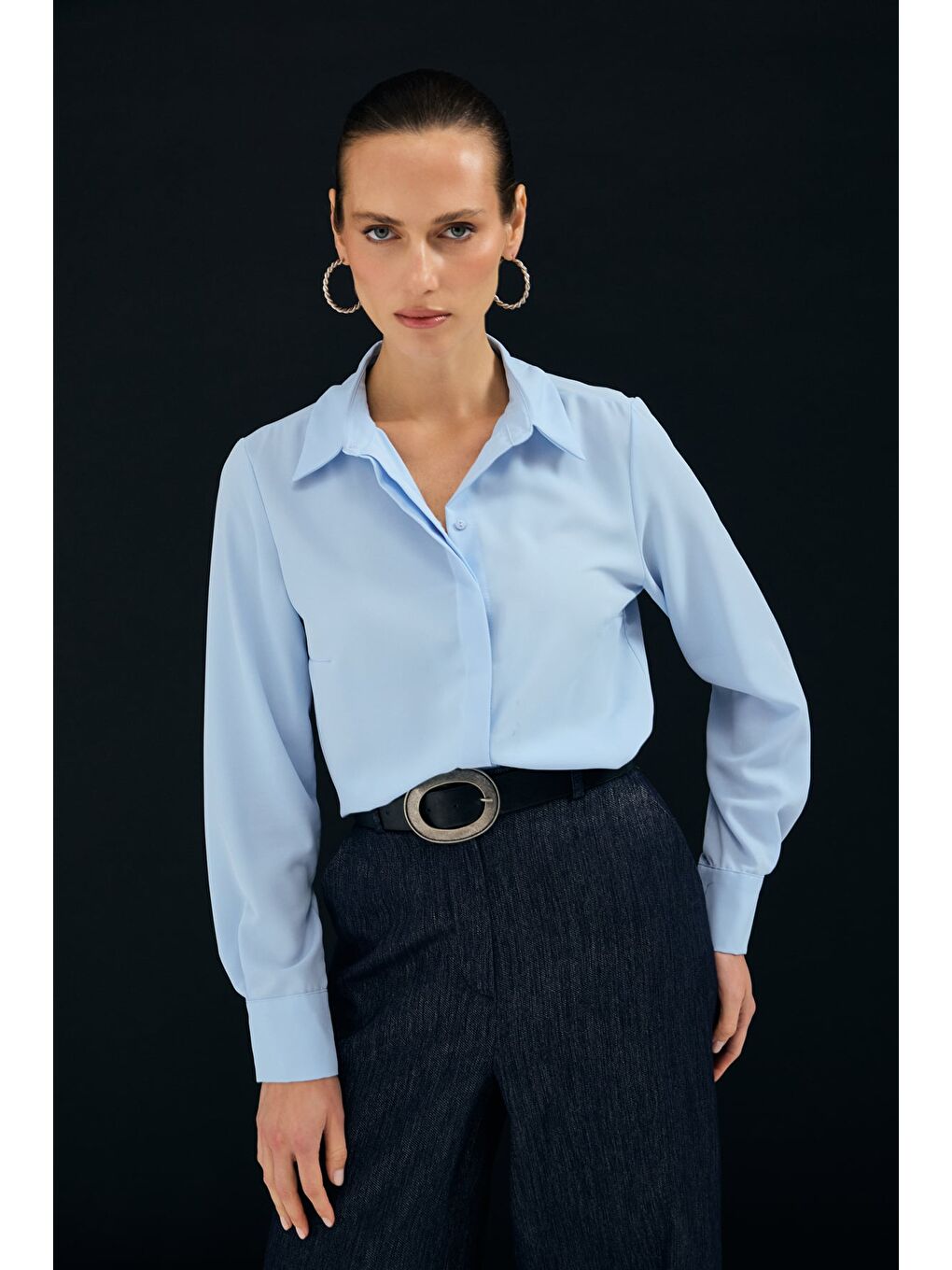 Klasik Düz Gömlek - Mavi-4