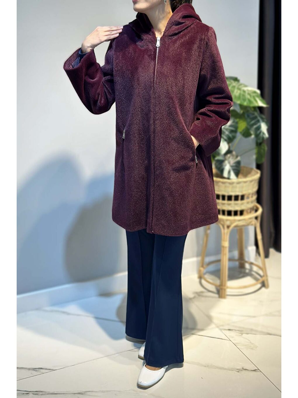 Büyük Beden Fermuar Detay Kap Ceket 2590 Mürdüm-1