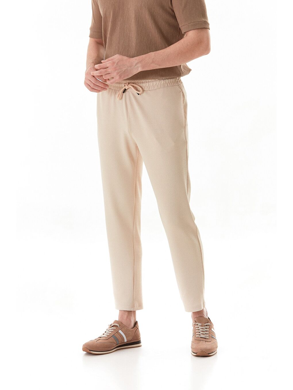 Bej Waffle Kumaş Beli Lastikli Pantolon-1