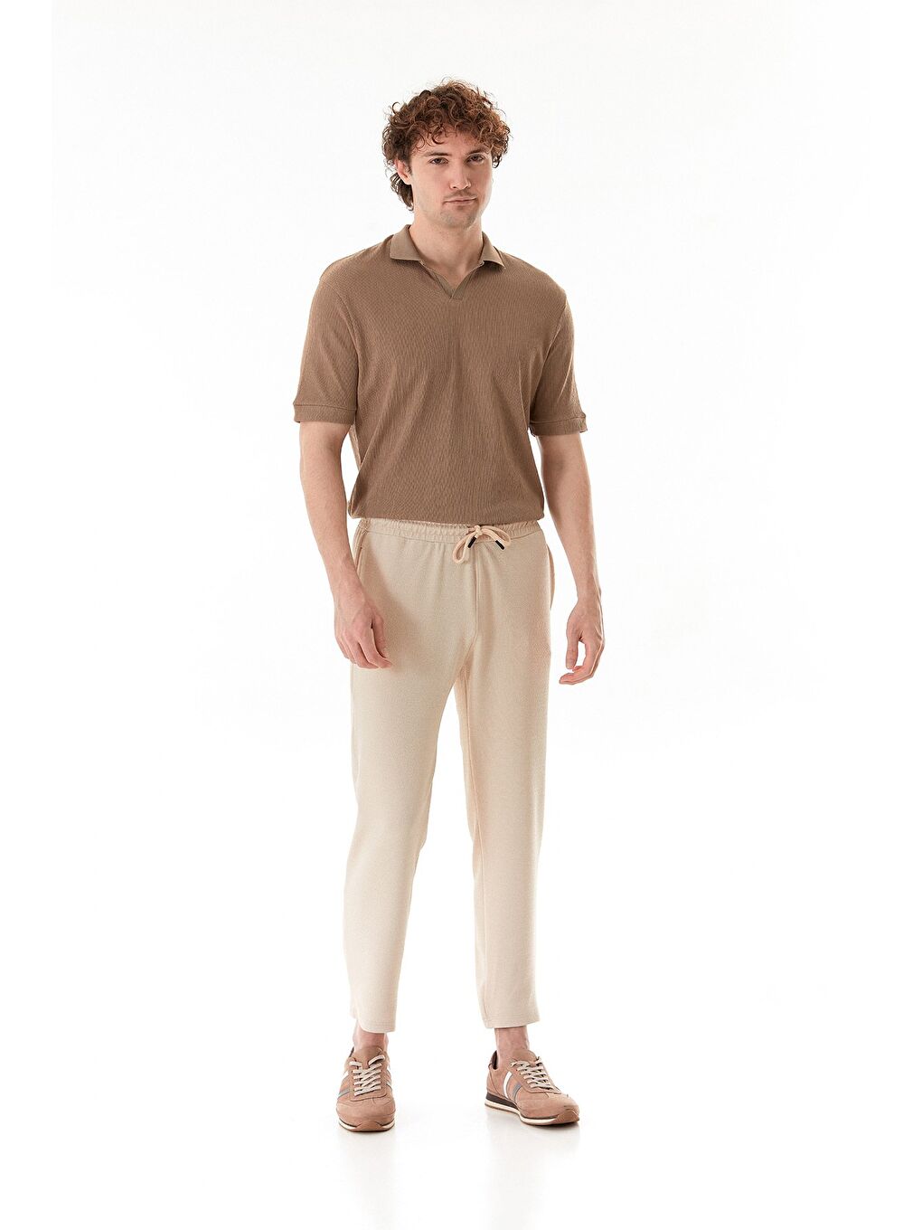 Bej Waffle Kumaş Beli Lastikli Pantolon-2