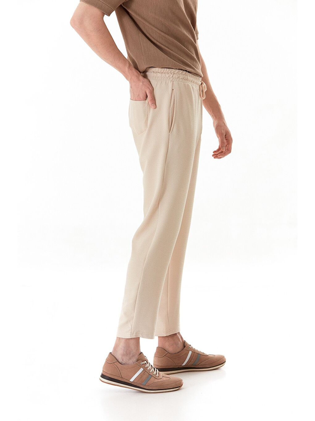 Bej Waffle Kumaş Beli Lastikli Pantolon-3