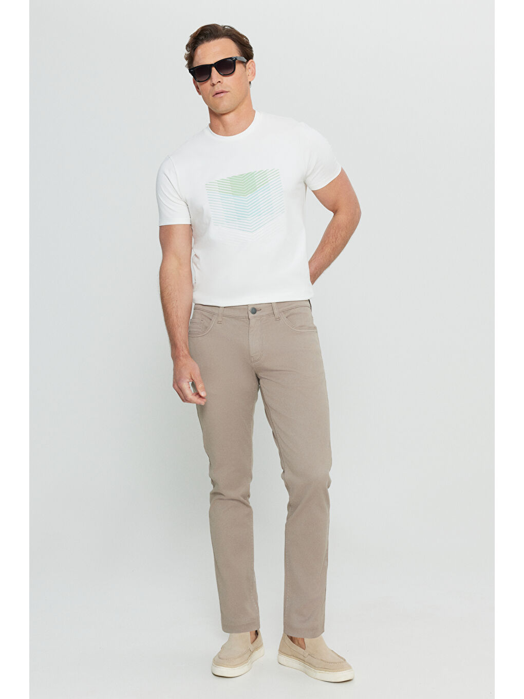 Bej Erkek Vizon Pamuklu Slim Fit Dar Kesim 5 Cepli Armürlü Esnek Casual Pantolon-1