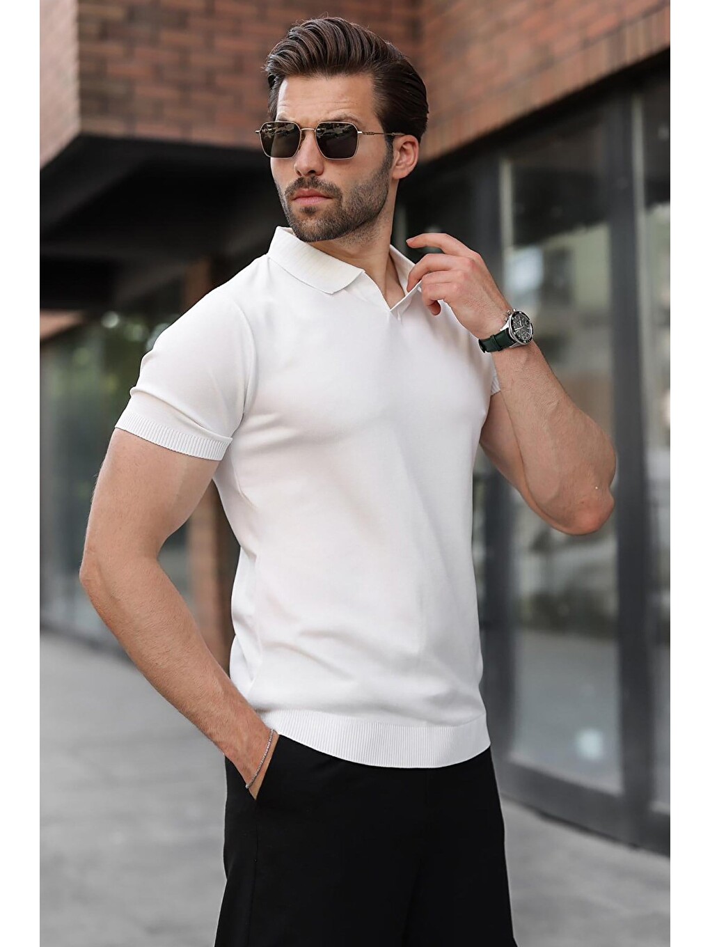 Beyaz Regular Fit Polo Yaka Triko Erkek Tişört E7502