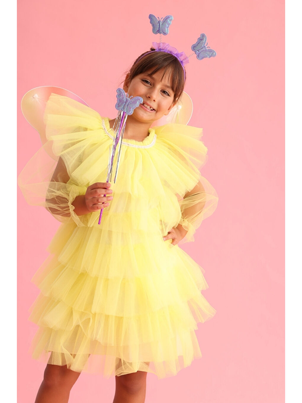 Sarı Kat Kat Kız Çocuk Tül Elbise - Laura-1
