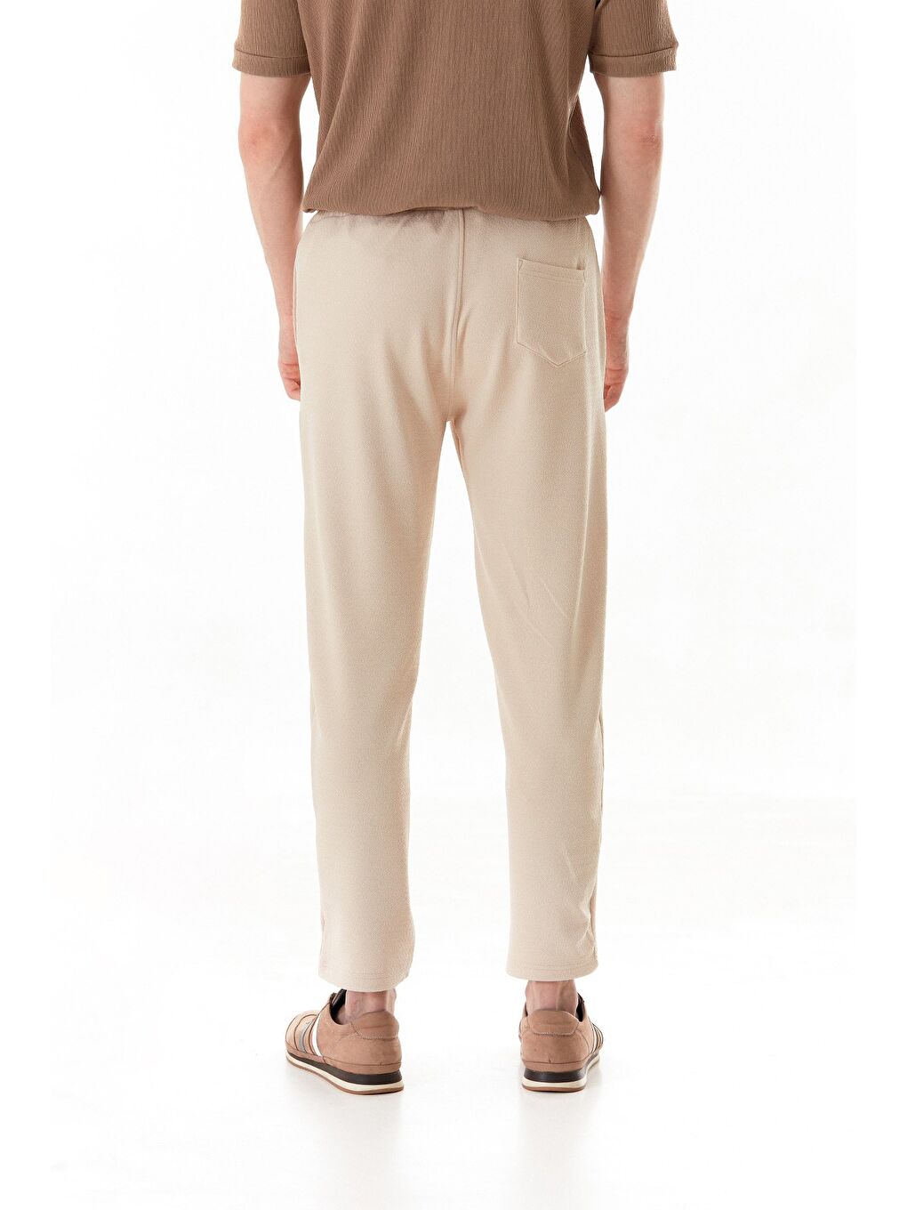 Bej Waffle Kumaş Beli Lastikli Pantolon-4