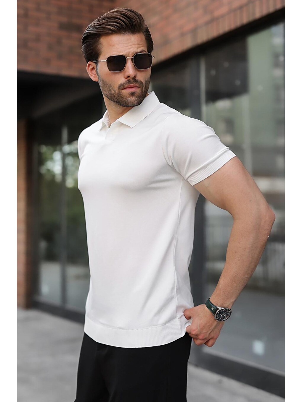 Beyaz Regular Fit Polo Yaka Triko Erkek Tişört E7502-1