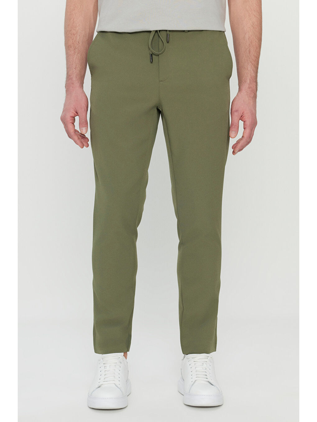 Erkek Yeşil Slim Fit Dar Kesim Beli Bağlamalı Yan Cepli Casual Pantolon