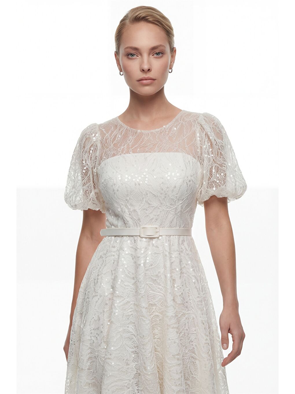 Kadın Beyaz Balon Kol Kemerli Söz Nişan Nikah Abiye Elbise-2