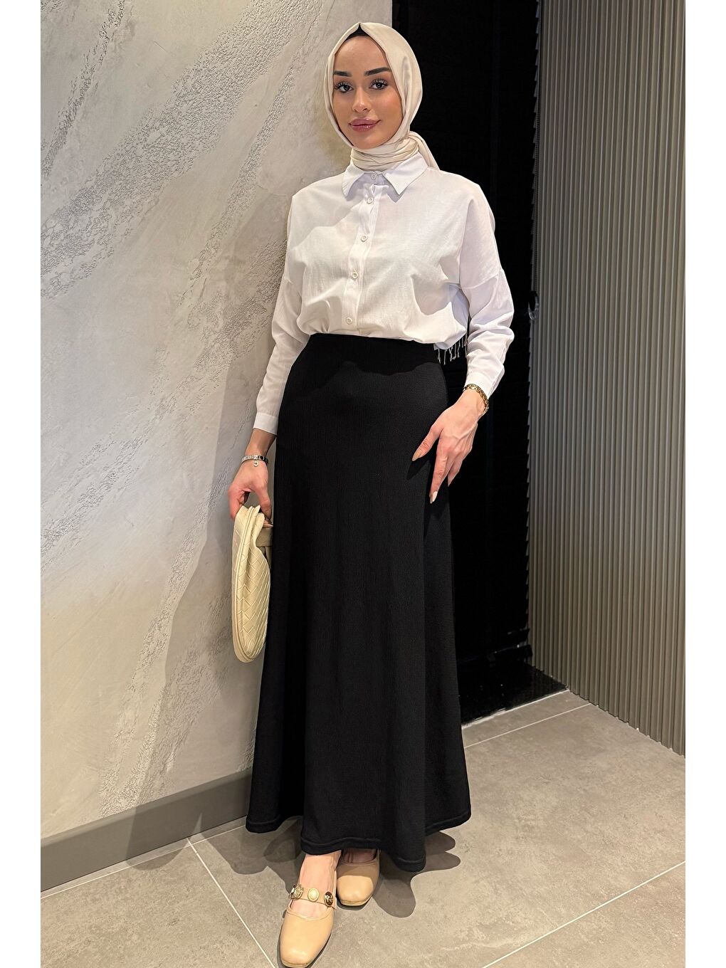 Siyah Kadın Düz Renk Bel Lastikli Bürümcük Tesettür Kiloş Etek-2