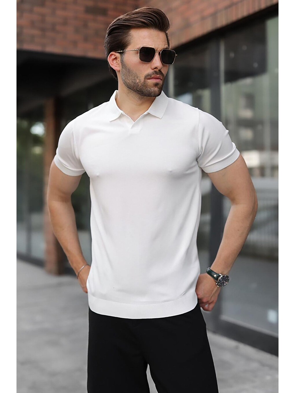 Beyaz Regular Fit Polo Yaka Triko Erkek Tişört E7502-3