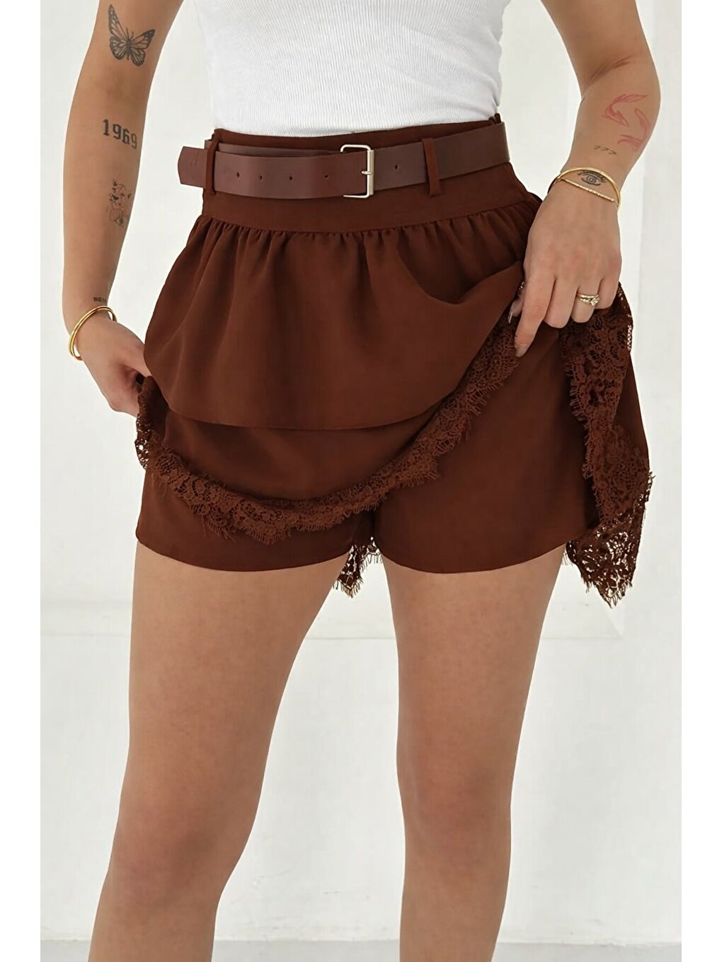 Kahverengi Kat Kat Dantel Detaylı Şort Etek-2