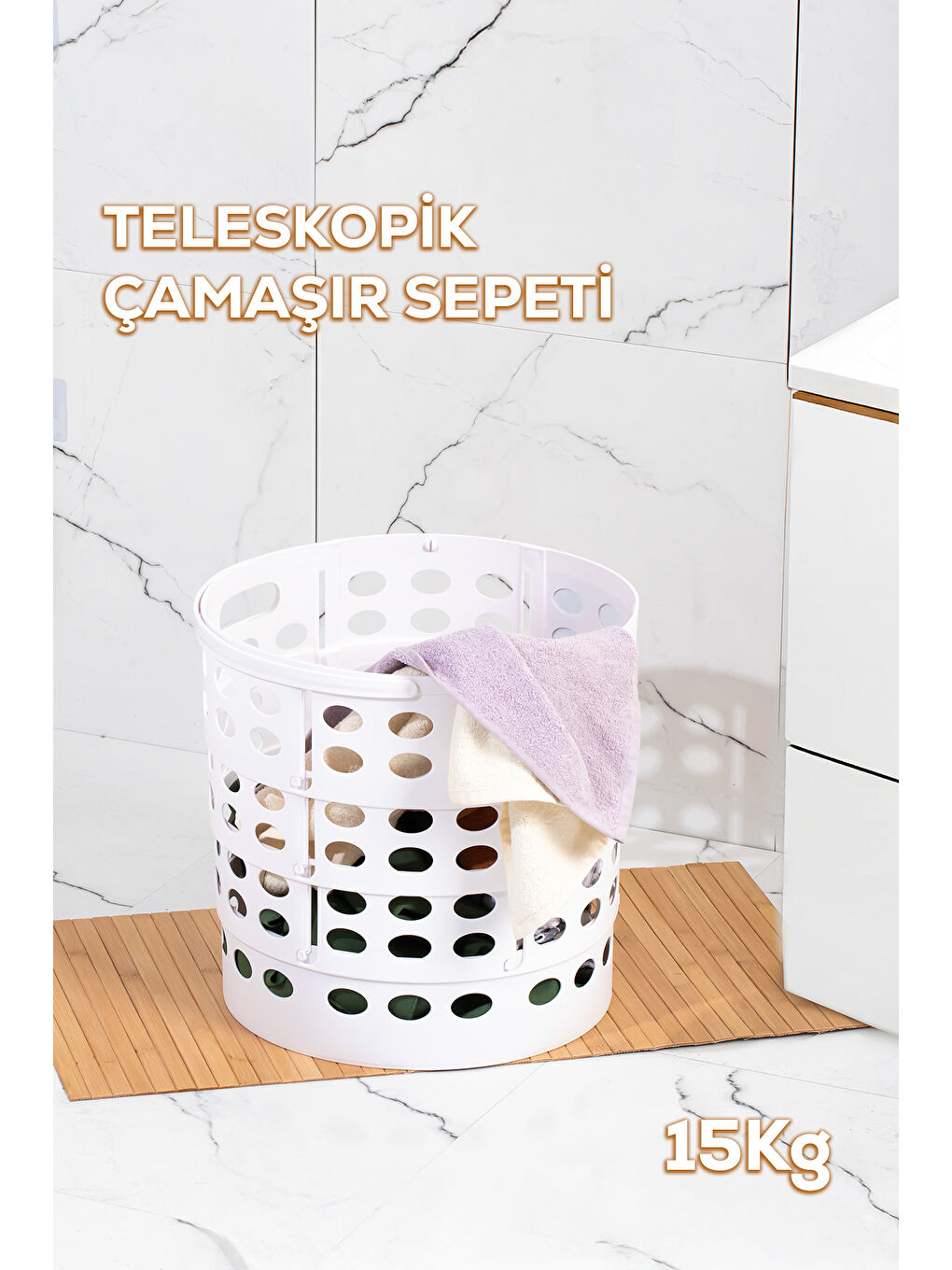 25100 Teleskopik Sepet Çamaşır Sepeti Orta Boy Katlanır Çamaşır Sepeti Beyaz 15LT