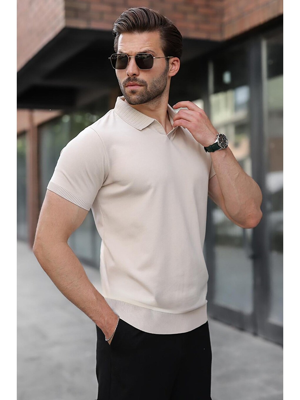 Bej Taş Rengi Regular Fit Polo Yaka Triko Erkek Tişört E7502