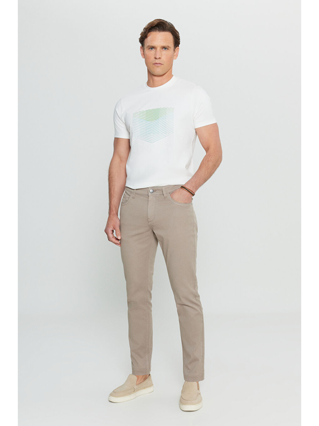 Bej Erkek Vizon Pamuklu Slim Fit Dar Kesim 5 Cepli Armürlü Esnek Casual Pantolon-2