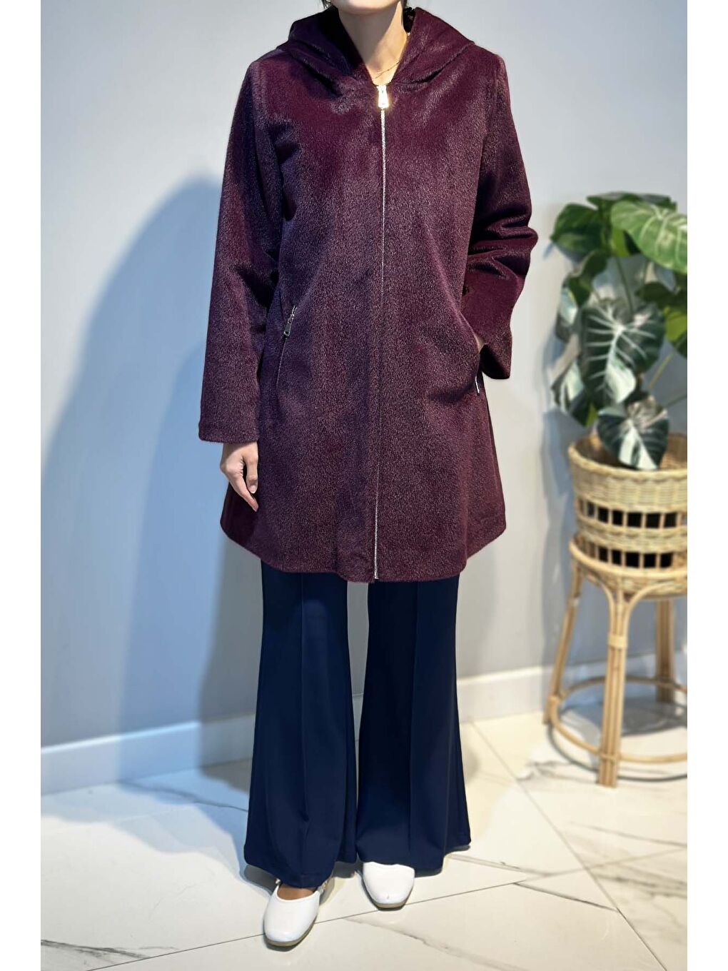 Büyük Beden Fermuar Detay Kap Ceket 2590 Mürdüm-3