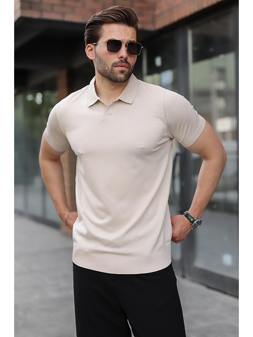 Bej Taş Rengi Regular Fit Polo Yaka Triko Erkek Tişört E7502-1
