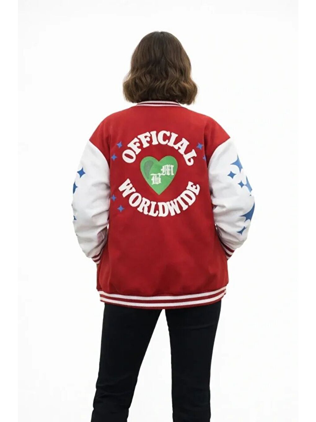 Kırmızı Varsity Çıtçıtlı Baskılı Oversize Kalıp Kolej Ceket - Kırmızı-1