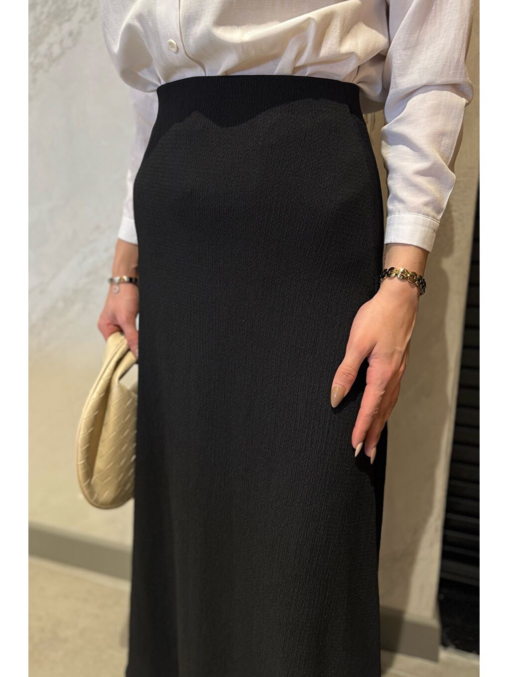 Siyah Kadın Düz Renk Bel Lastikli Bürümcük Tesettür Kiloş Etek-4