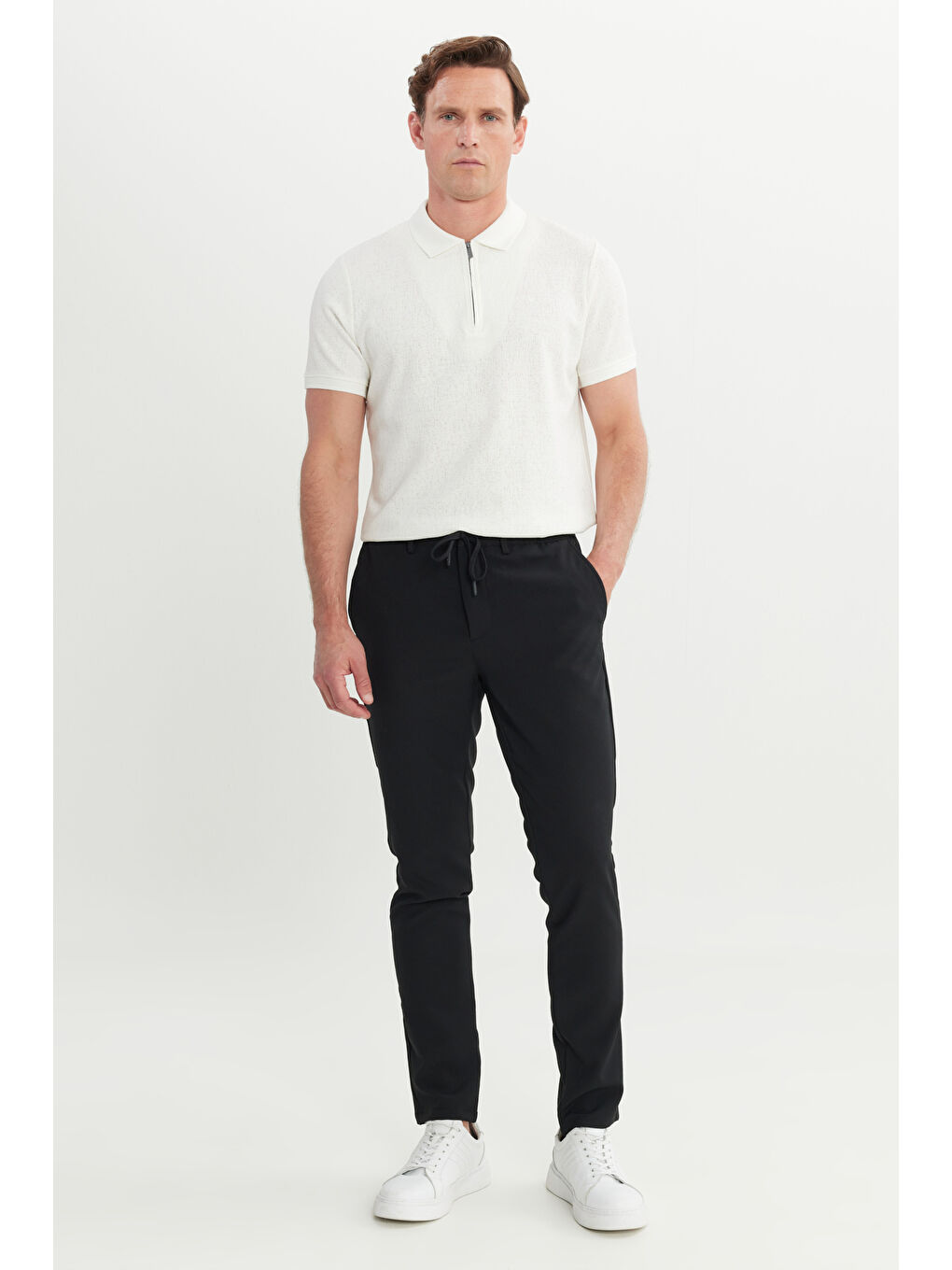 Erkek Siyah Slim Fit Dar Kesim Beli Bağlamalı Yan Cepli Casual Pantolon-2