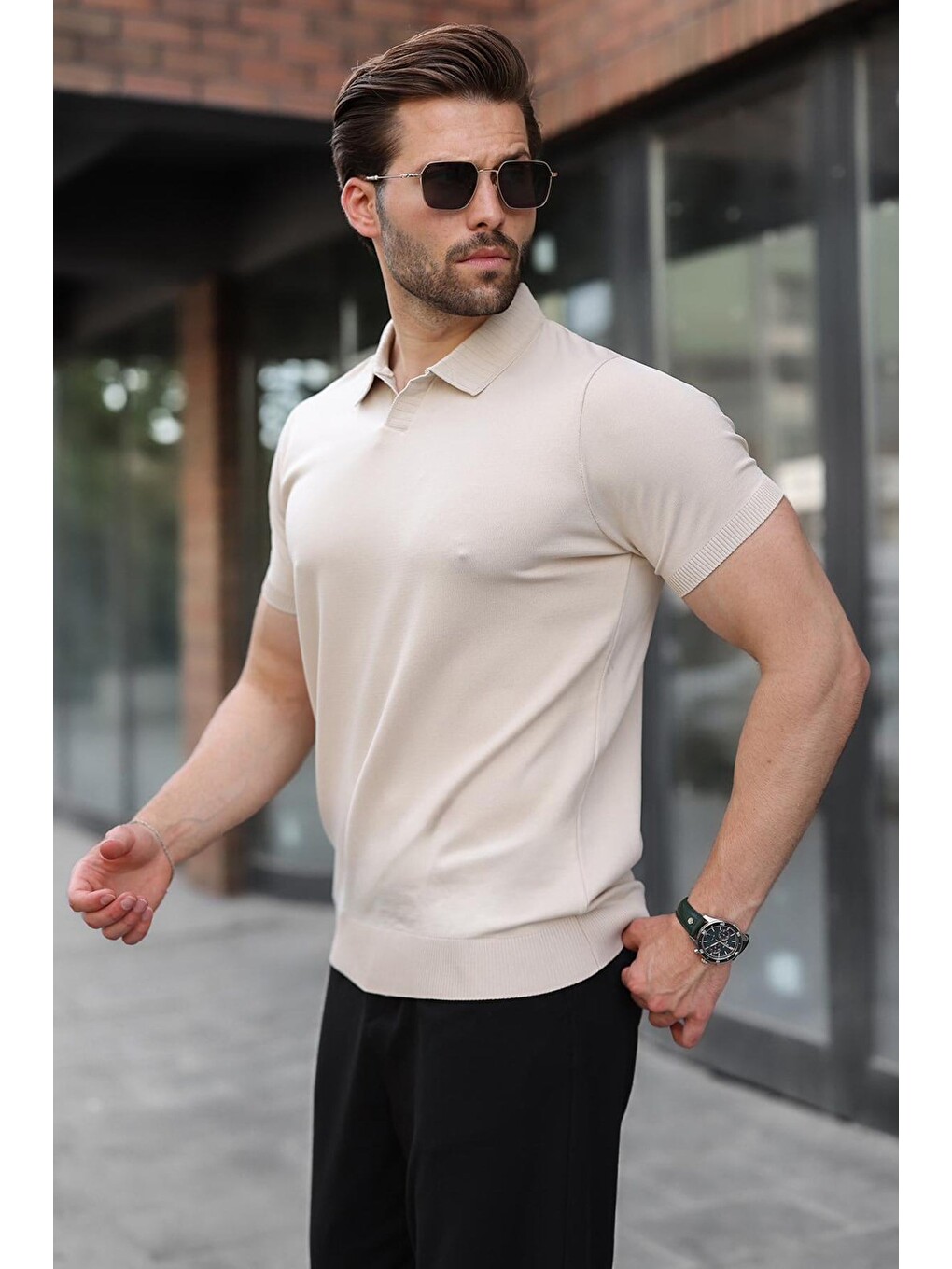 Bej Taş Rengi Regular Fit Polo Yaka Triko Erkek Tişört E7502-3