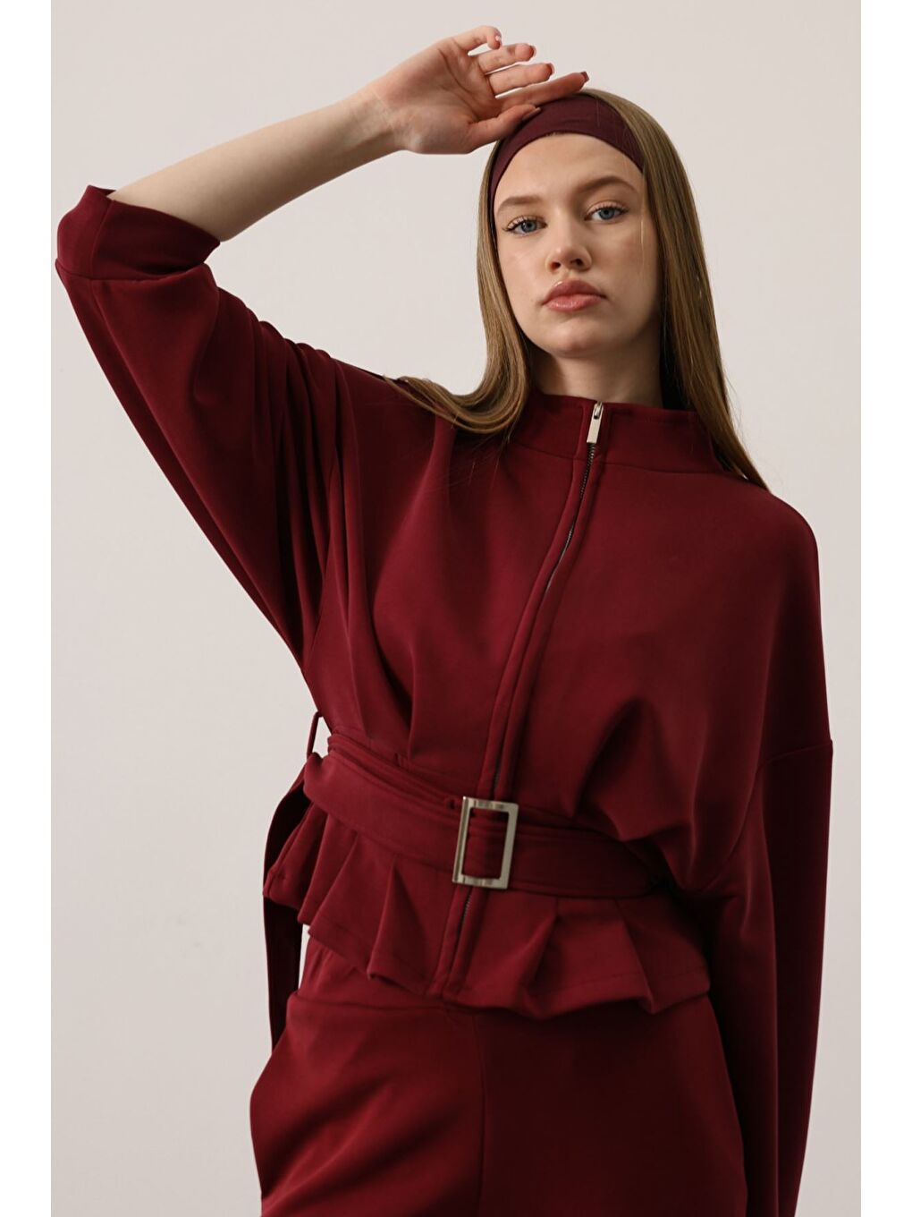 Bordo Kadın Fermuar Detaylı Ön Bağlamalı Ceket