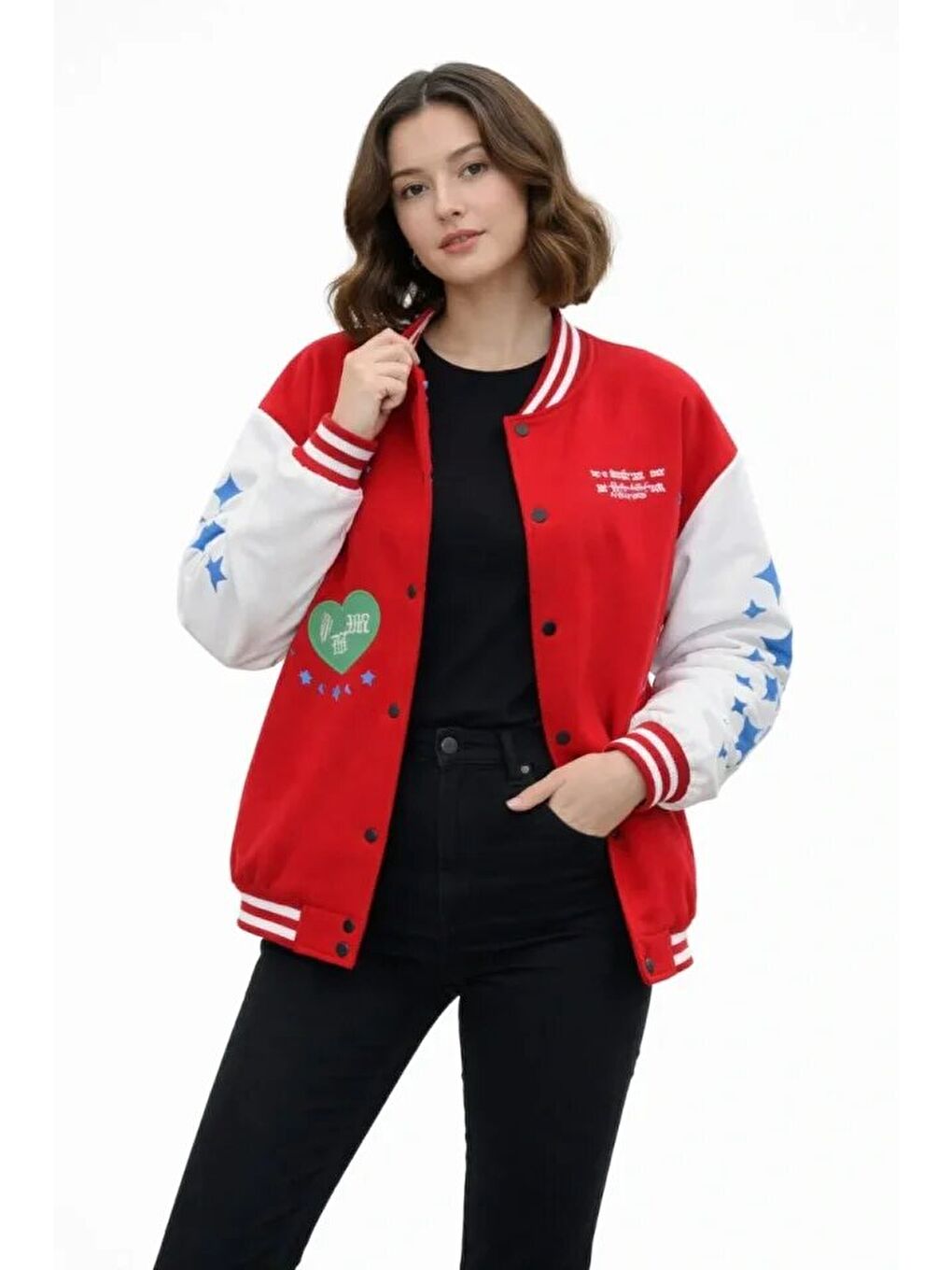 Kırmızı Varsity Çıtçıtlı Baskılı Oversize Kalıp Kolej Ceket - Kırmızı-2