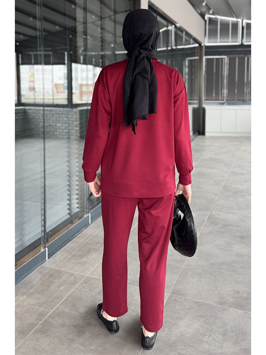 Bordo Tesettür Aplike Nakışlı Sweat Pantolon İkili Takım-6